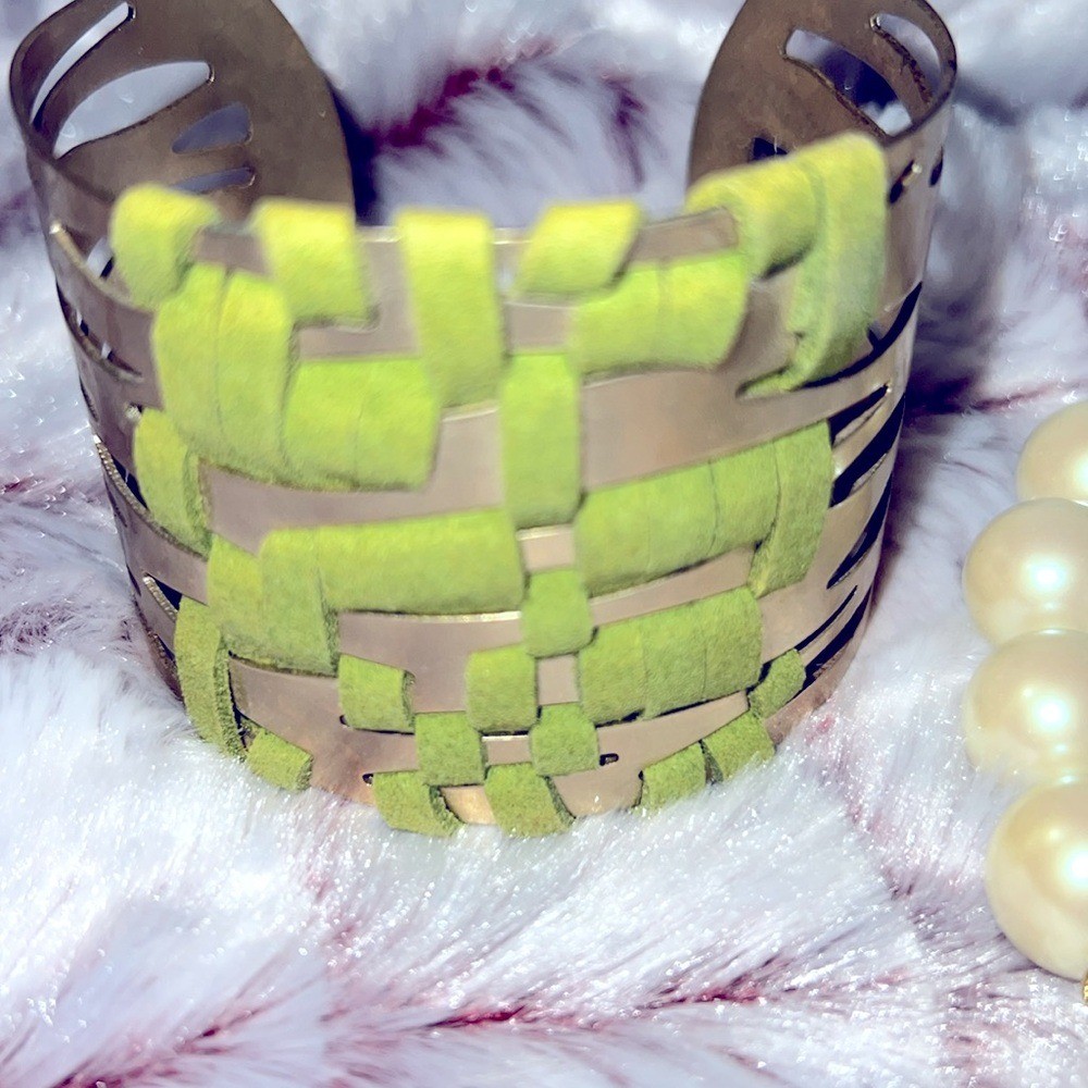 Vibrant Green and Gold Basket-Weave Bracelet and Bow Bracelet 2 Piece