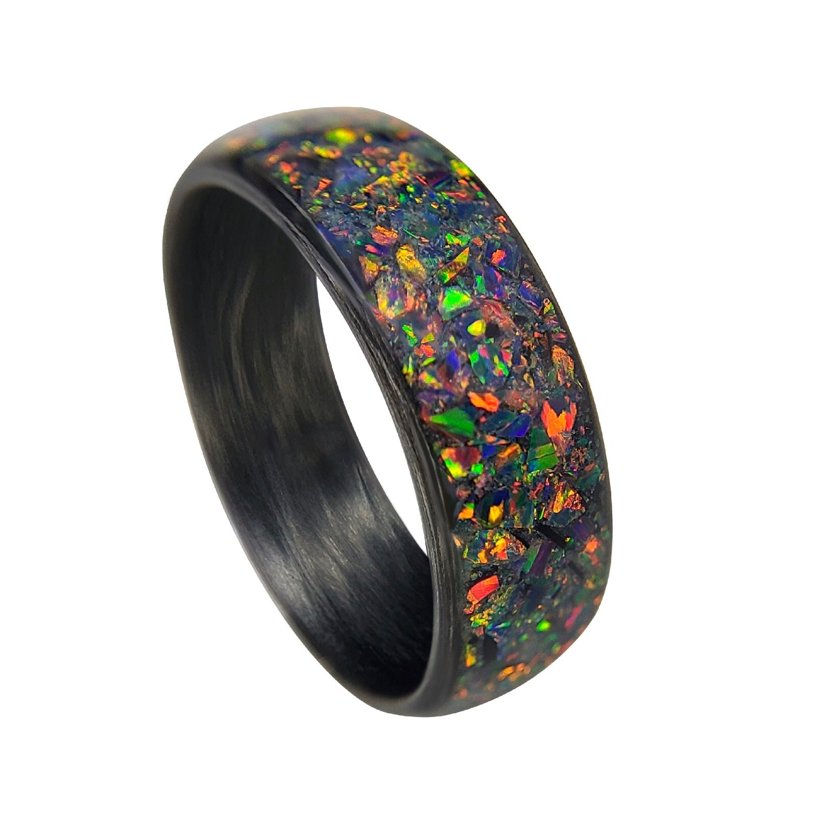 Carbon Fiber Ring with Fire Opal inlay – Handcrafted – Sizes 4-16 – Custom Width