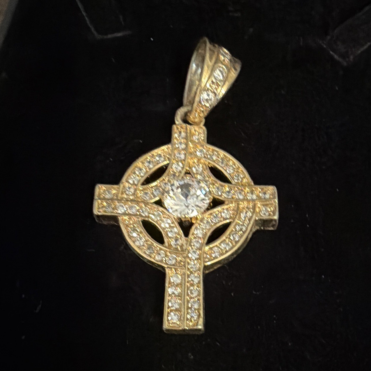 Gold Filled Cross Charm Pendant, Pavé Simulated Diamond, Religious, Metal