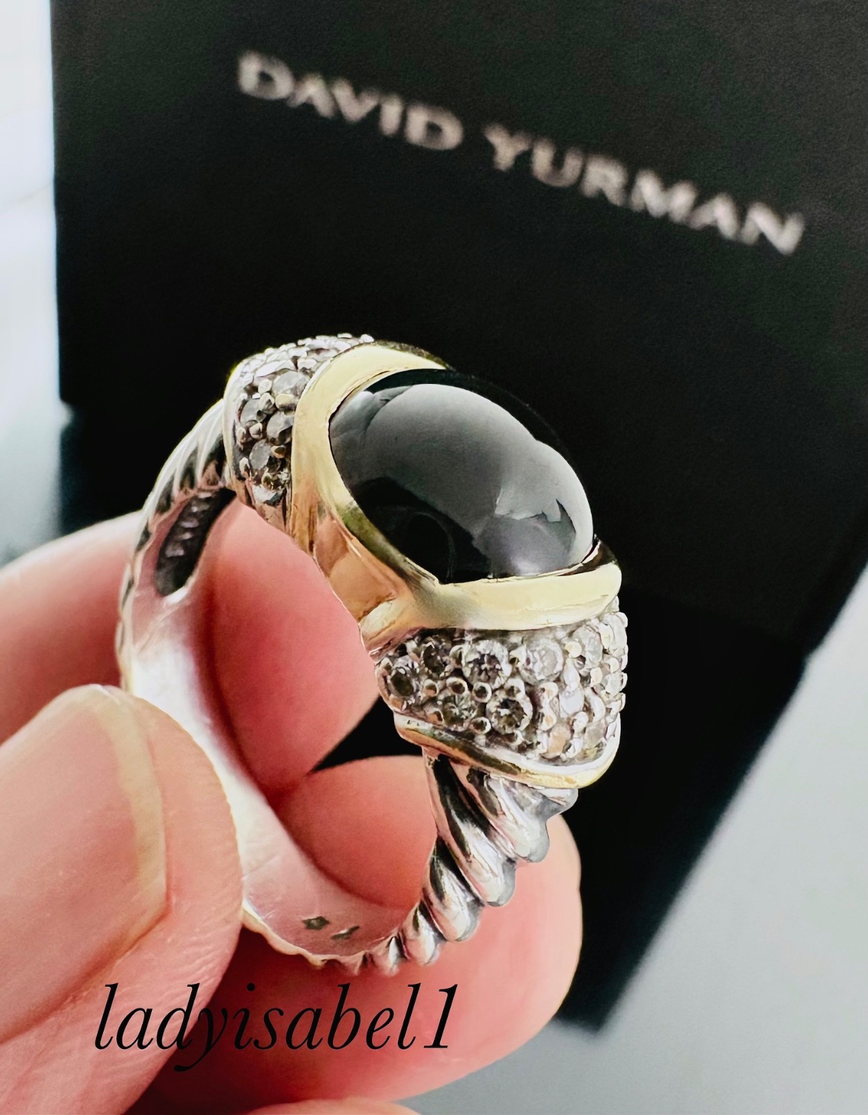 David Yurman 18k Gold Silver Onyx Pave Diamond Cable Ring Size 6.5 w/POUCH