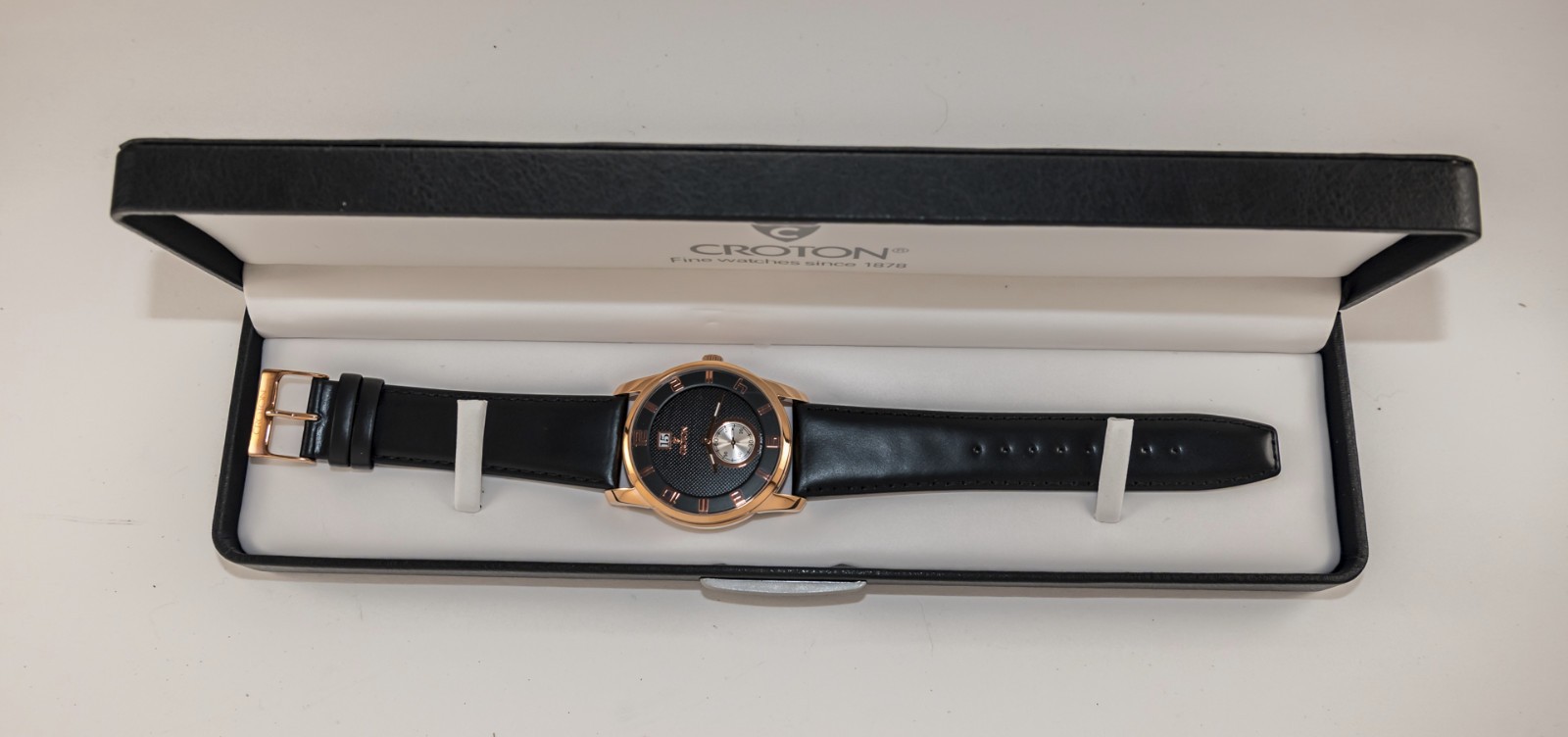 MEN’S CROTON WATCH Black and Gold with Black Leather Band