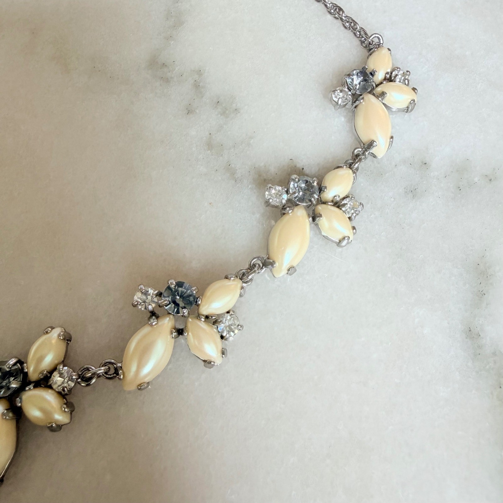 Ann Taylor Silver Tone Faux Pearl Crystal Statement Necklace Grey Cream Floral
