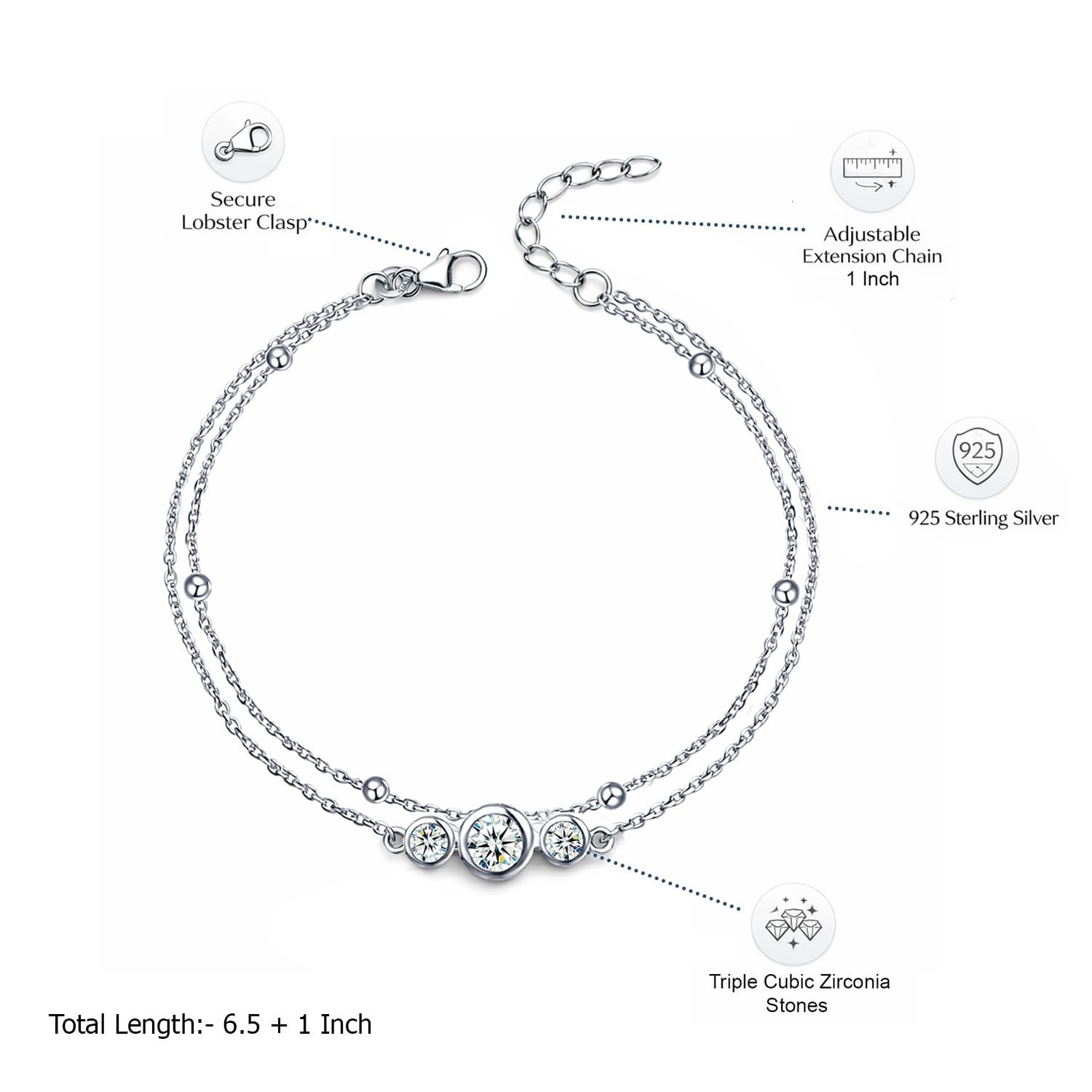 925 Sterling Silver Rhodium-Plated 3 CZ Layered Bracelets for Women 7.5 Inches