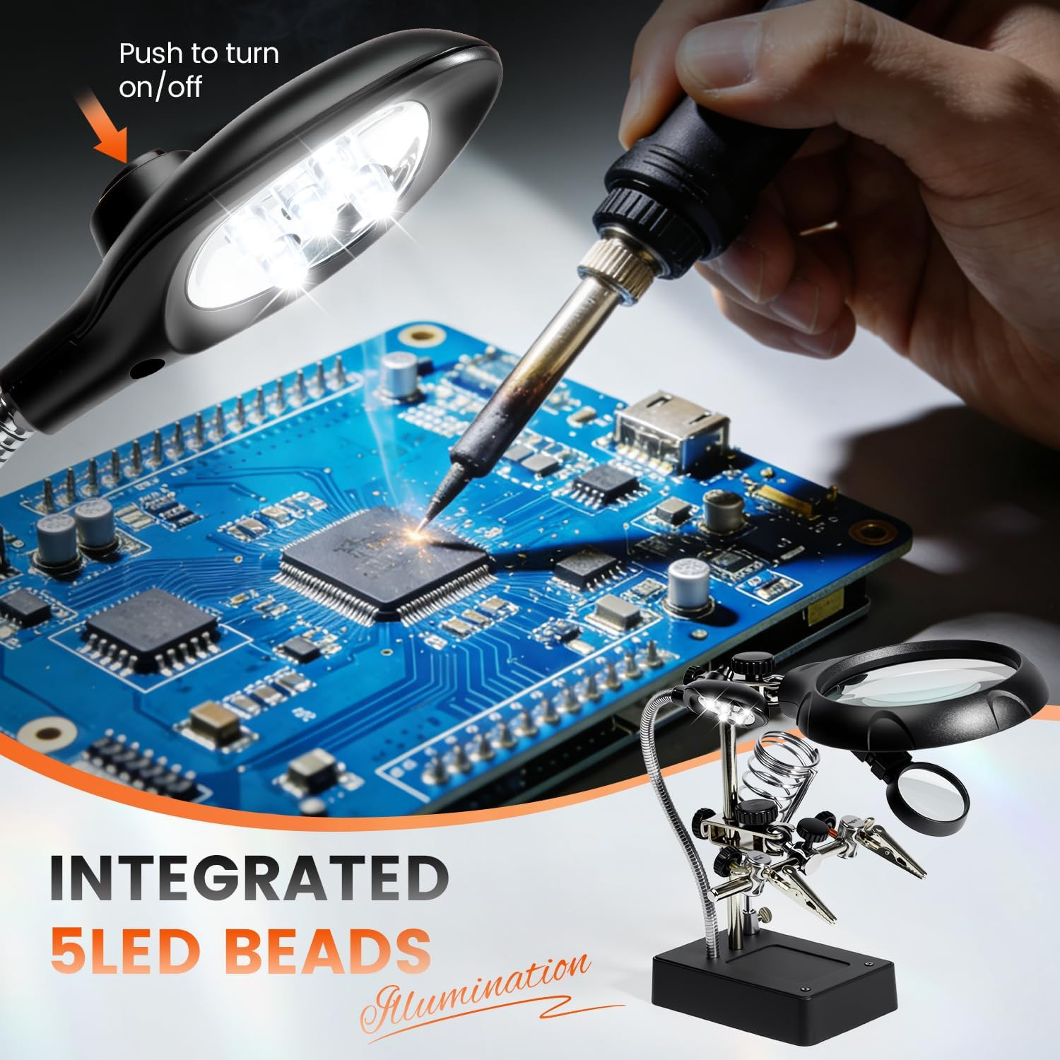 Desktop LED Lighted Magnifying Glass Soldering Station, Adjustable