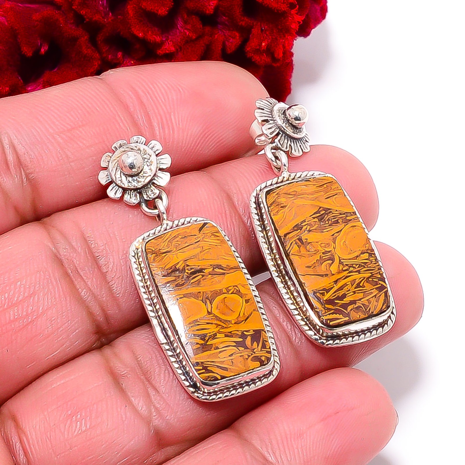 Natural Mariam Jasper Designer Handmade 925 Sterling Silver Earring 1.56″ E98951