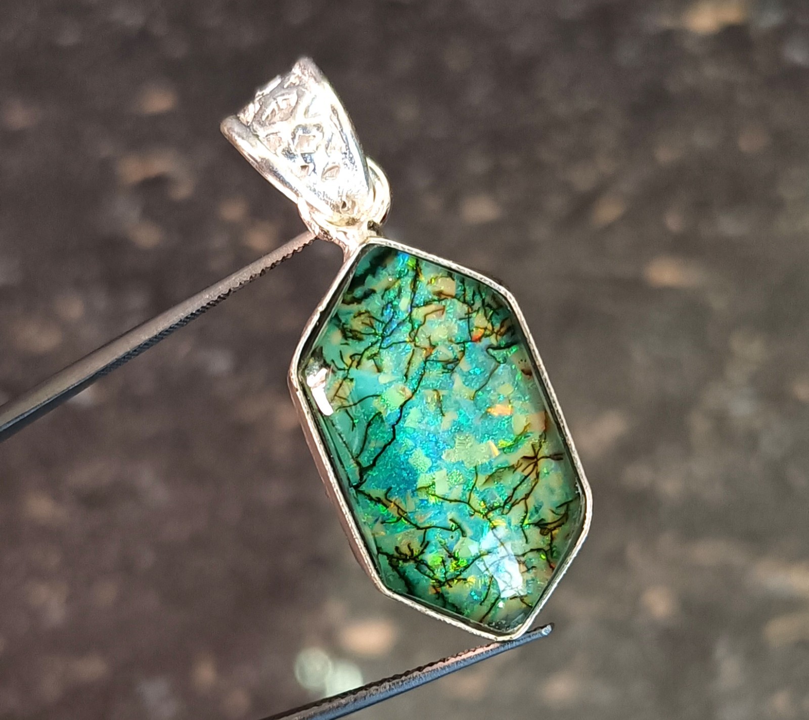 32.70 Ct Natural Aurora Opal Pendant 925 Silver Handmade Jewelry Gemstone