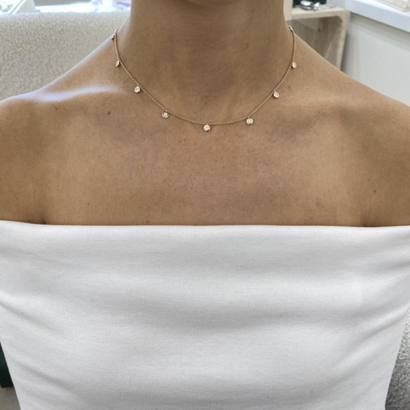 Festival Sale ! Round Natural Bezel Set Diamond Station Necklace 14k Yellow Gold