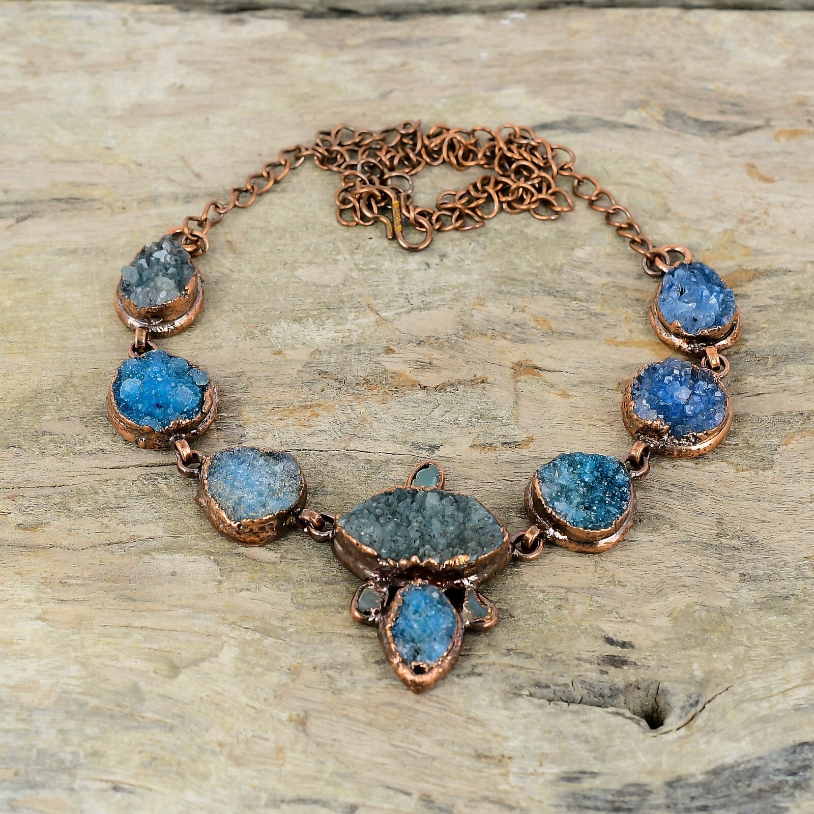 Blue Druzy Copper Gift For Sister Electroformed Chain Adjustable Necklace 18.0″