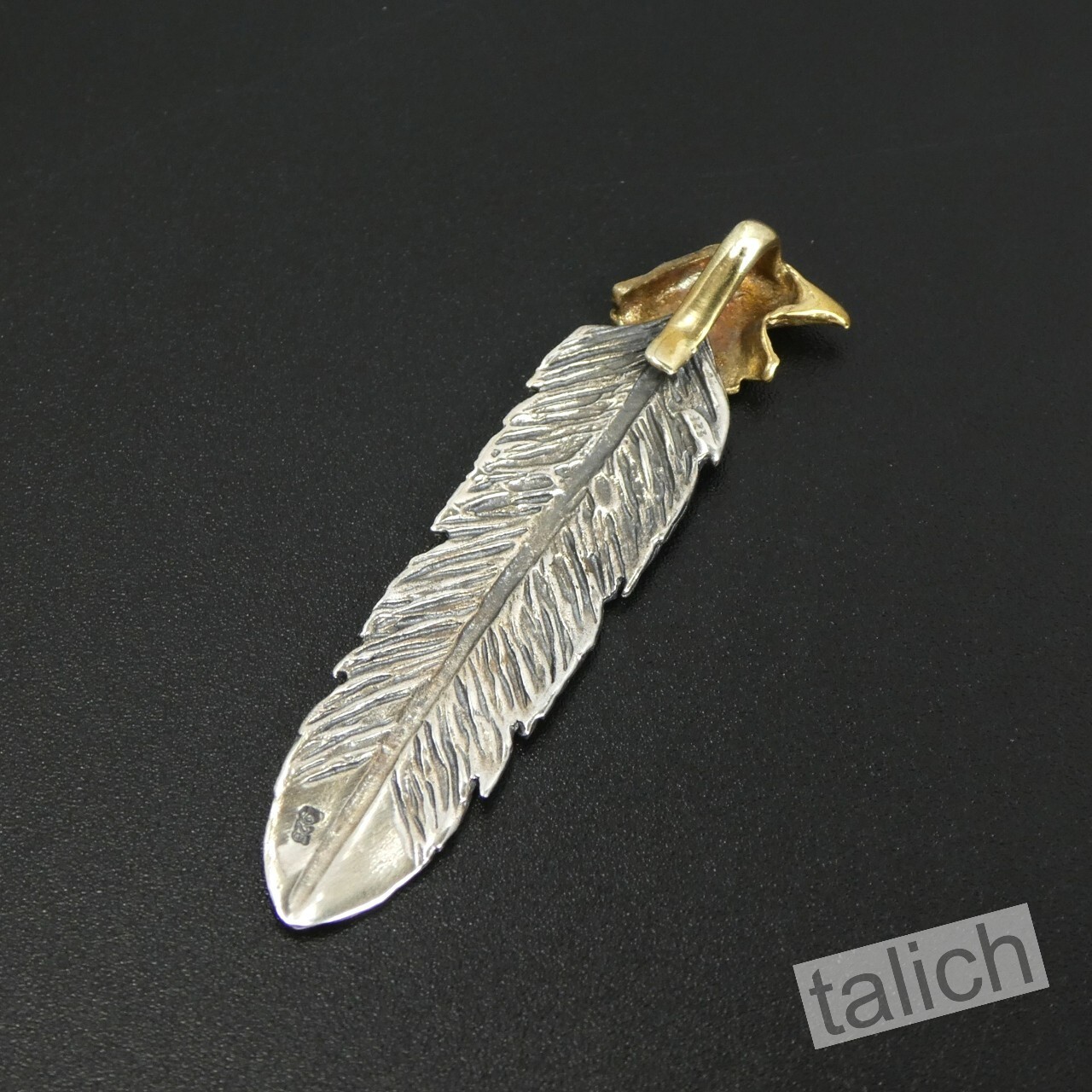 925 Sterling Silver Feather with Shiny Brass Eagle Head Pendant Great Details