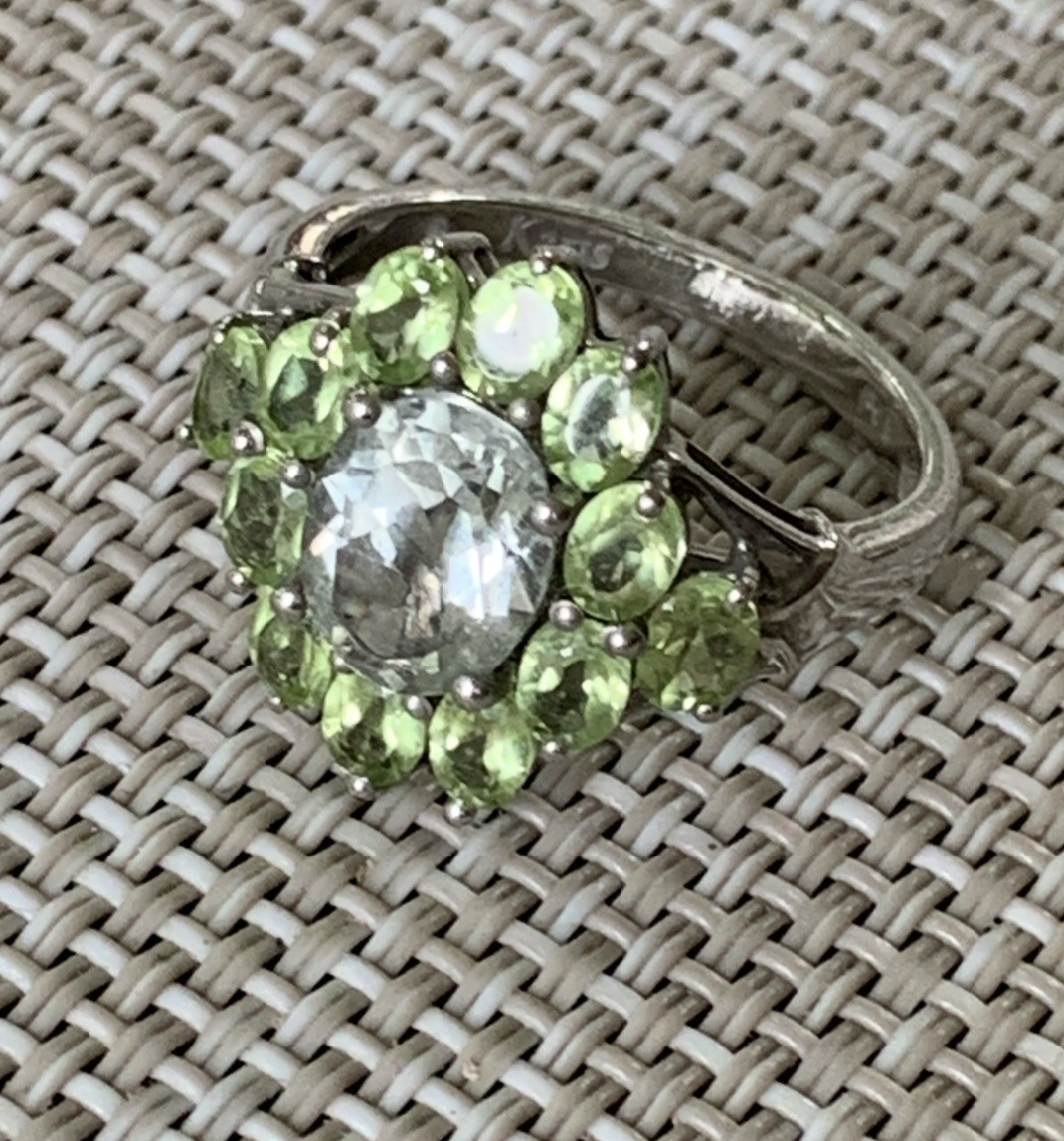 Karis STS Clear Amethyst Green Peridot Cocktail Ring Size 7.75