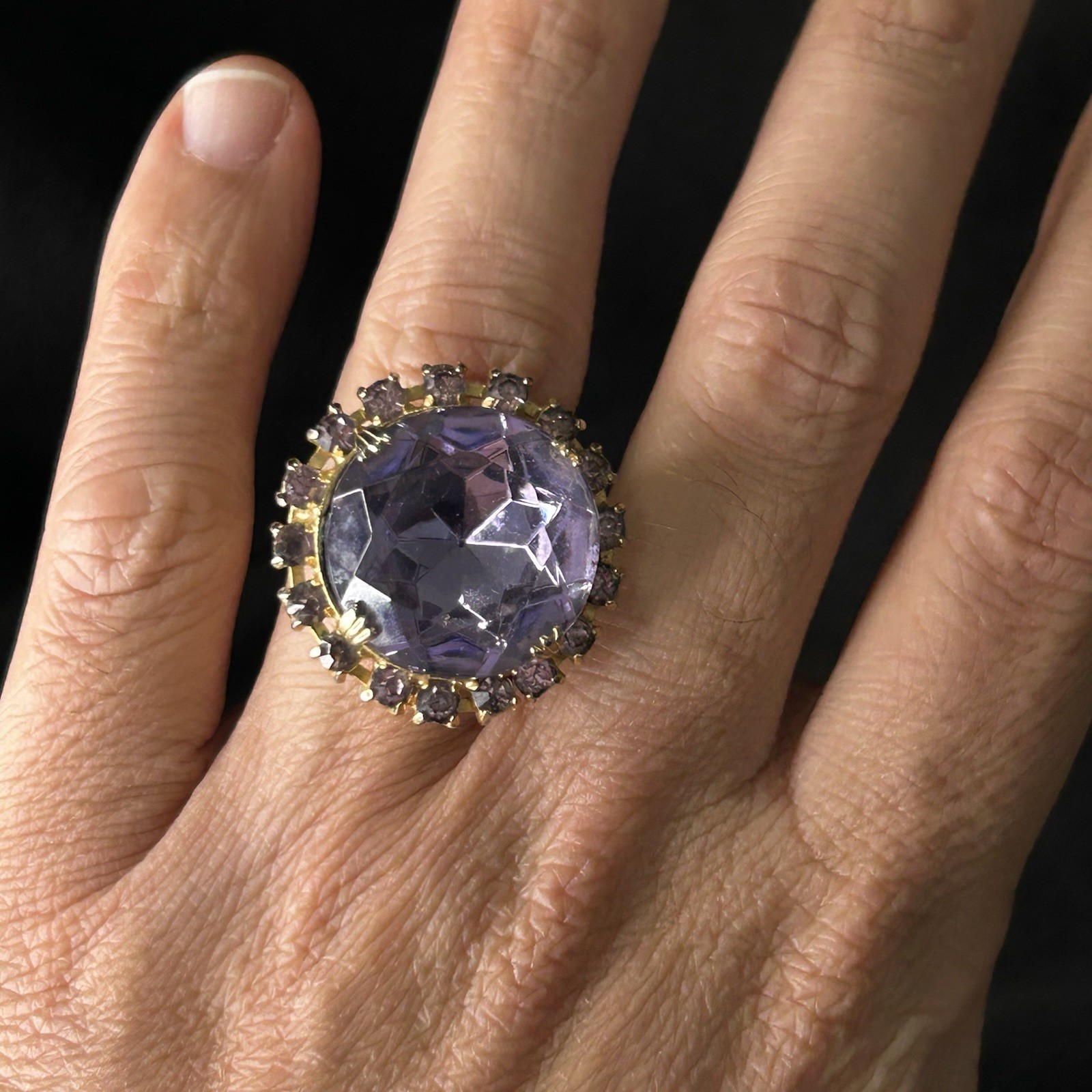 Vintage Ring Size 7.5 Adjustable Faux Amethyst Cluster Gold Tone