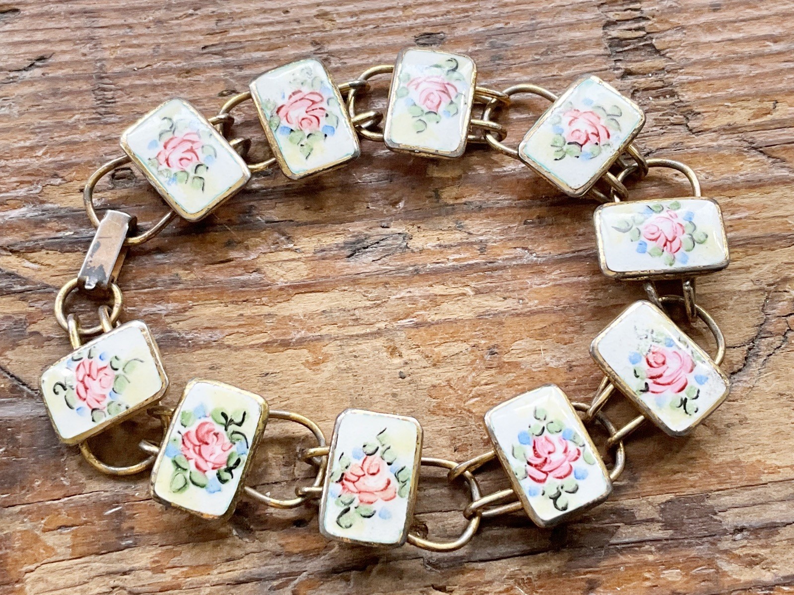 Vintage Bliss Brothers Co. Sterling Vermeil with Enamel PINK ROSES Bracelet
