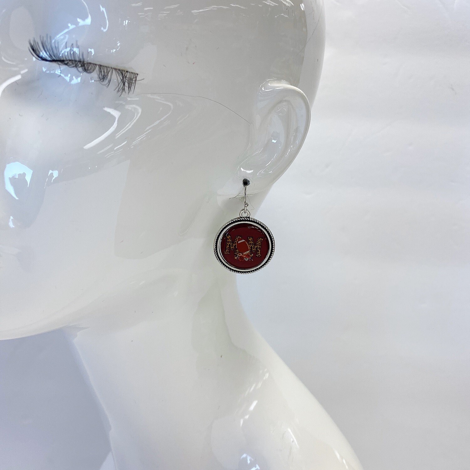 E0866 Silver Tone Burgundy Colored MOM Letter Word Circle Drop Dangle Earrings