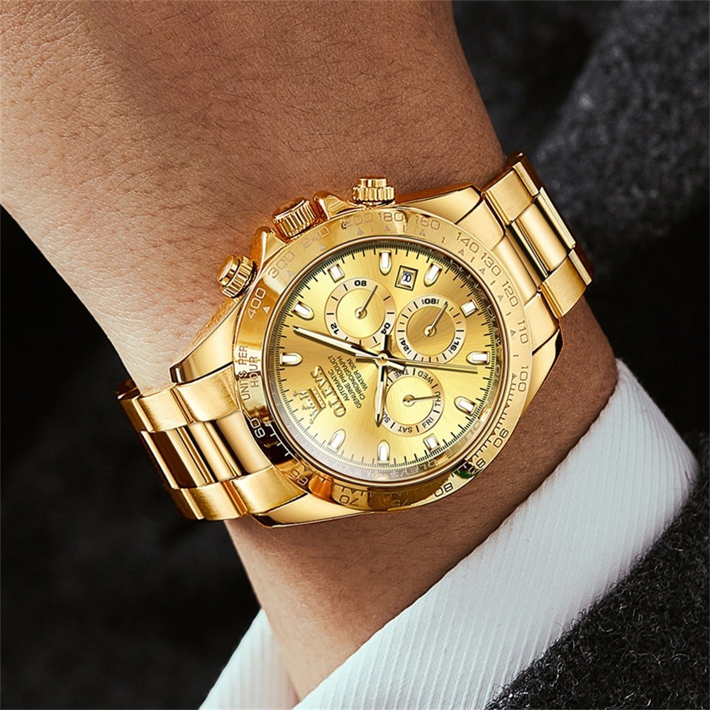 OLEVS 6638 Luxury Simple Business Water Resistant Golden Men Chronograph Watch