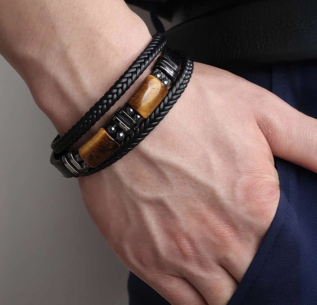 Men’s Black Leather Bracelet with Brown Stone charm and Magnetic Clasp