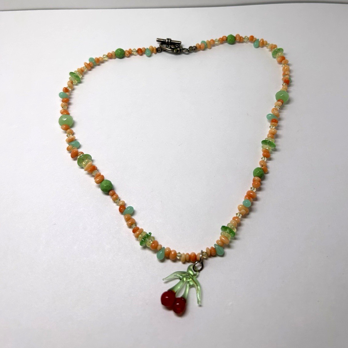 Multicolor Chip Beaded Ball Chain Necklace w/ Cherry Charm Pendant Hook Clasp