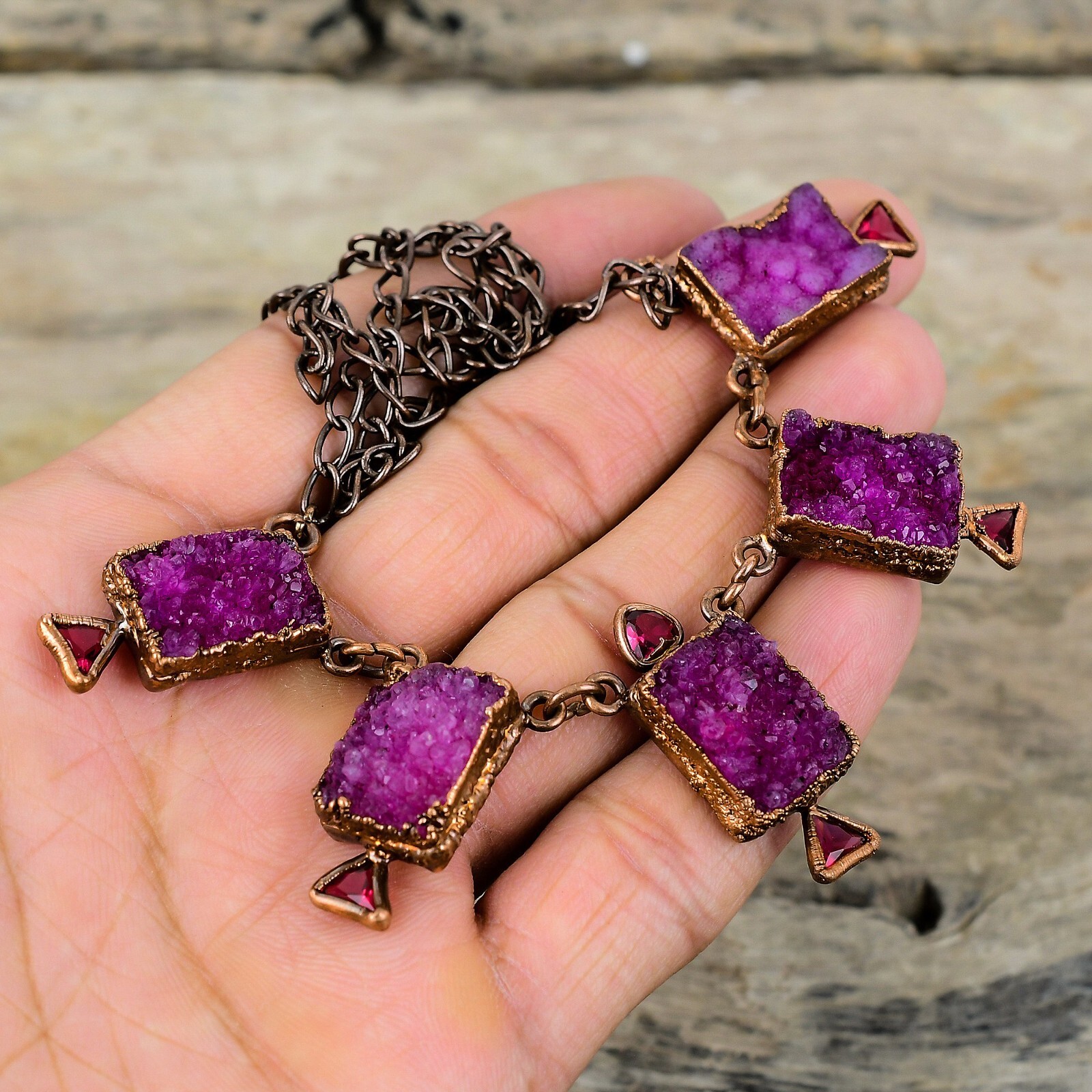 Pink Druzy Copper Electroformed Chain Adjustable Necklace For Women 18.0″