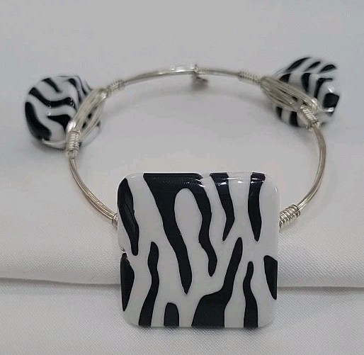 Handcrafted Artisan Wire Bangle Bracelet Bold Zebra Print Statement Beads