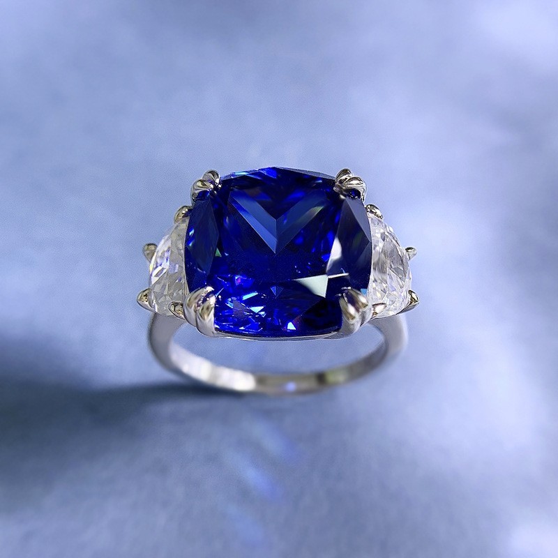 9ct Lab Grown Royal Blue Sapphire Ring, 18K Gold Vermeil, Stylish Statement