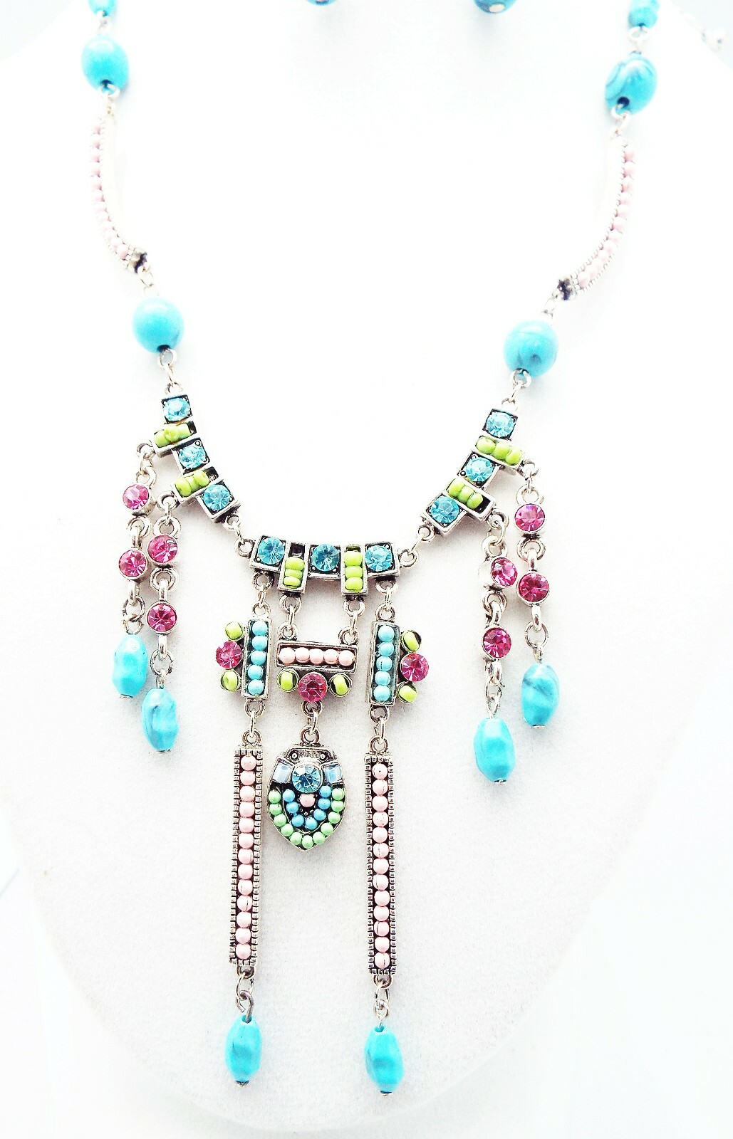 DESIGNER INSPIRED PINK CRYSTAL BLUE FAUX TURQUOISE ACRYLIC SILVER JEWELRY SET