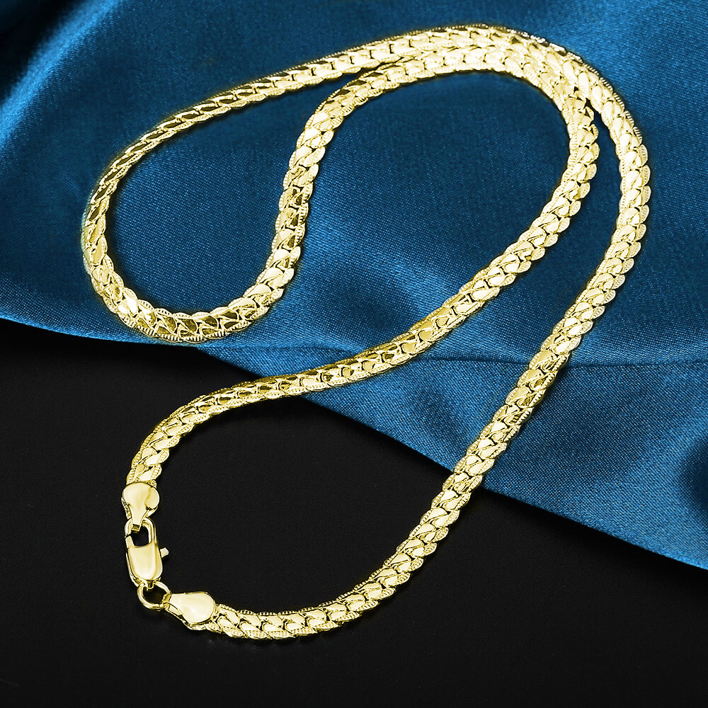REAL Solid 925 Silver 14k Gold Plated Flat Cuban Link Chain Necklace 6mm