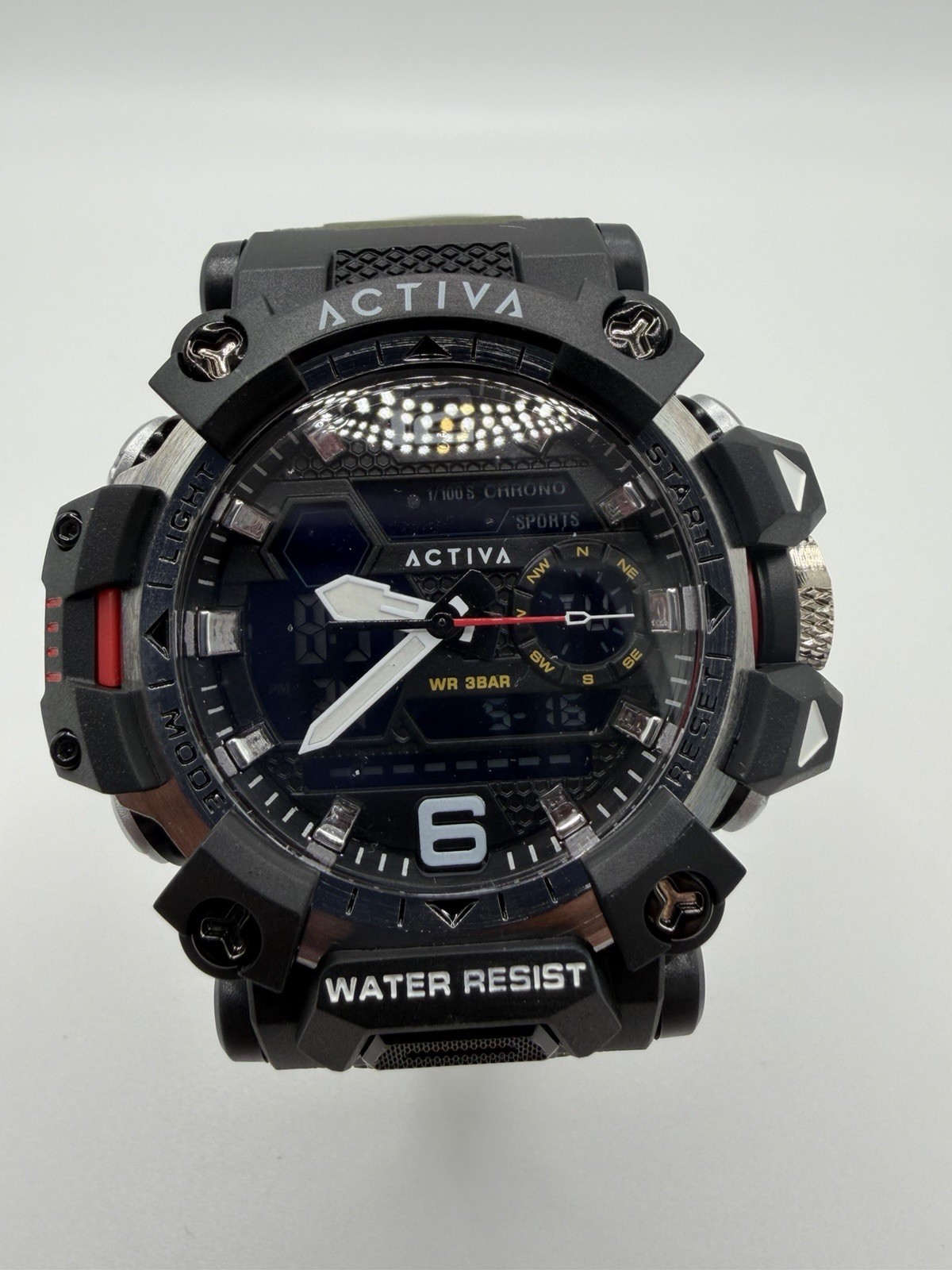 Activa Men’s Sport Quartz Chronograph 49mm Black Dial/Case Green Silicone