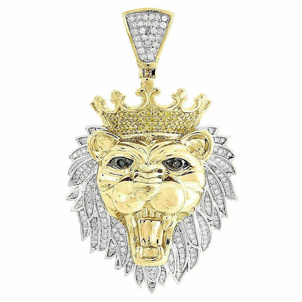 Diamond Lion Face Pendant Mens 10K Yellow Gold Over Round Animal Charm 2.00 Tcw