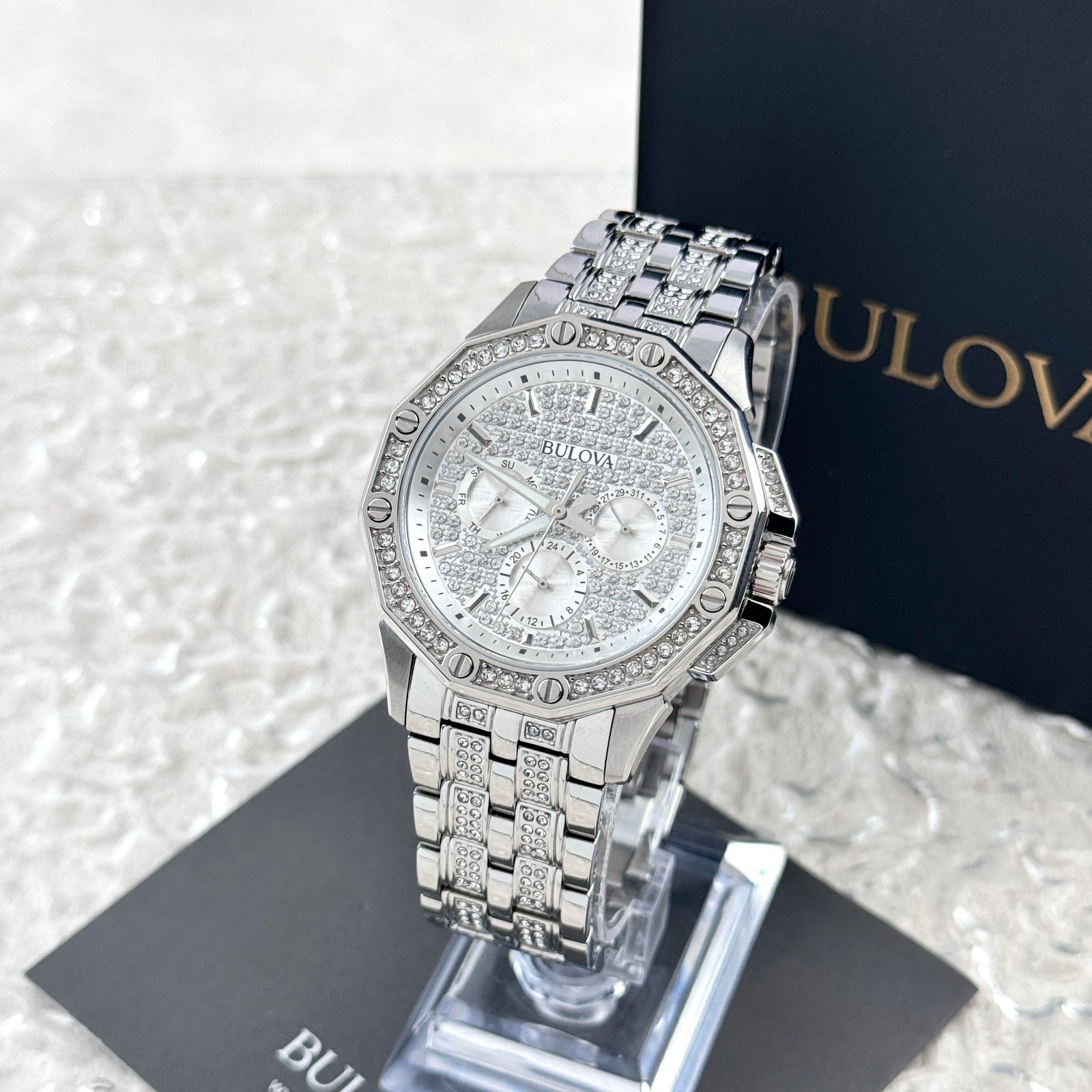 Bulova Octava Silver Pave Crystal Men’s Quartz Chronograph Watch 96C134
