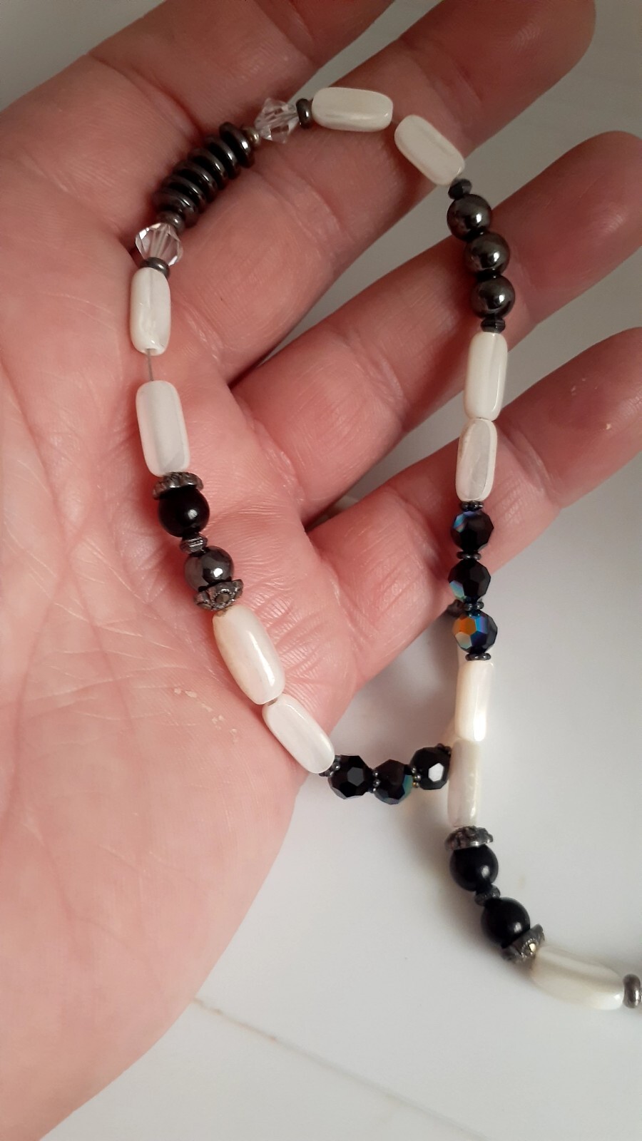 Mother of Pearl Hematite Clear & Black Stone Necklace. 18″