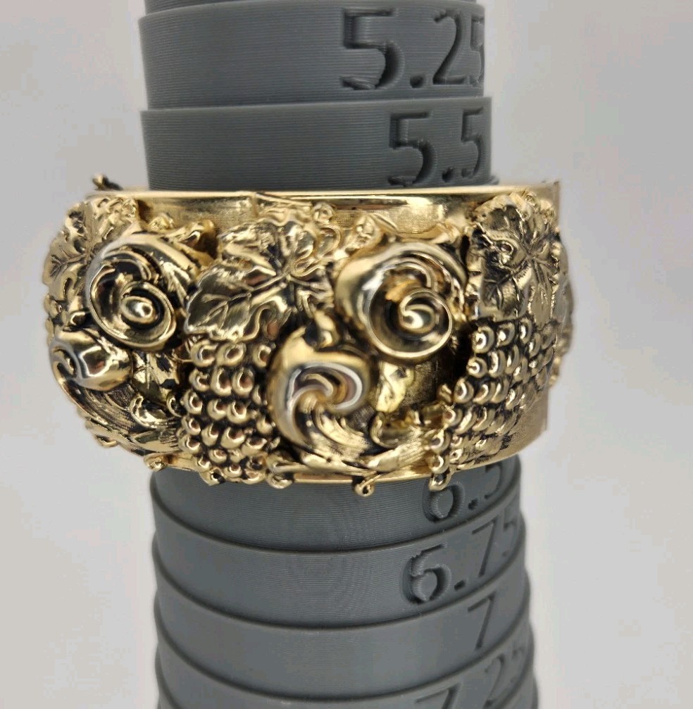 Vtg Repousse Nouveau Grapes Hinged Cuff Bracelet Sz 6.75″ Chunky Gold Filigree