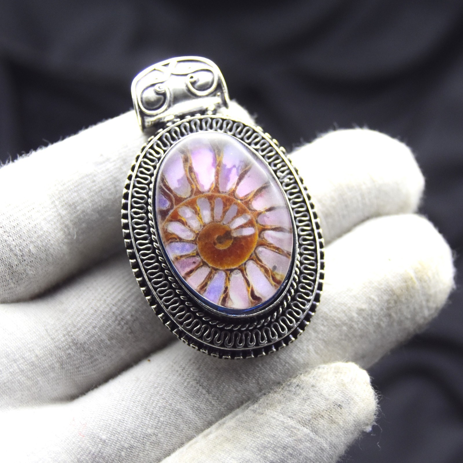 925 Sterling Silver Ammonite Fossil Gemstone Pendant Handmade Jewelry Size-1.75″
