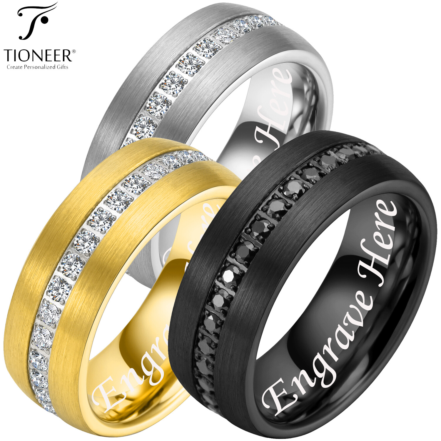 Dome Tungsten Ring w Eternity Cubic Zirconia in Diff Colors w/ Free Engraving