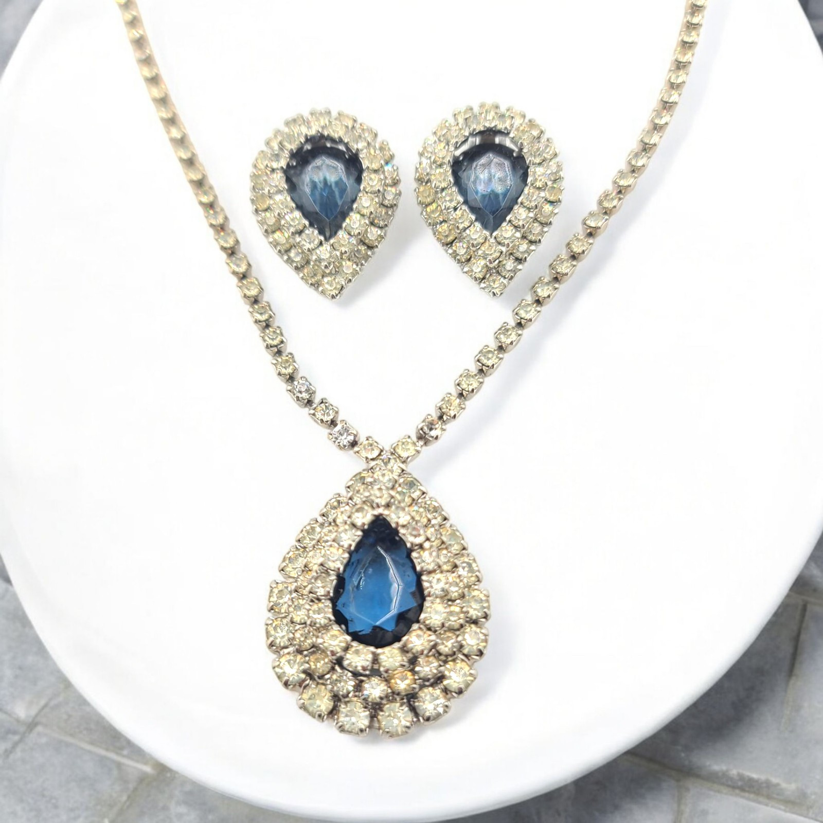 Vintage Rhinestone Earrings Necklace Set Sapphire Blue & Clear Tear Drop Princes