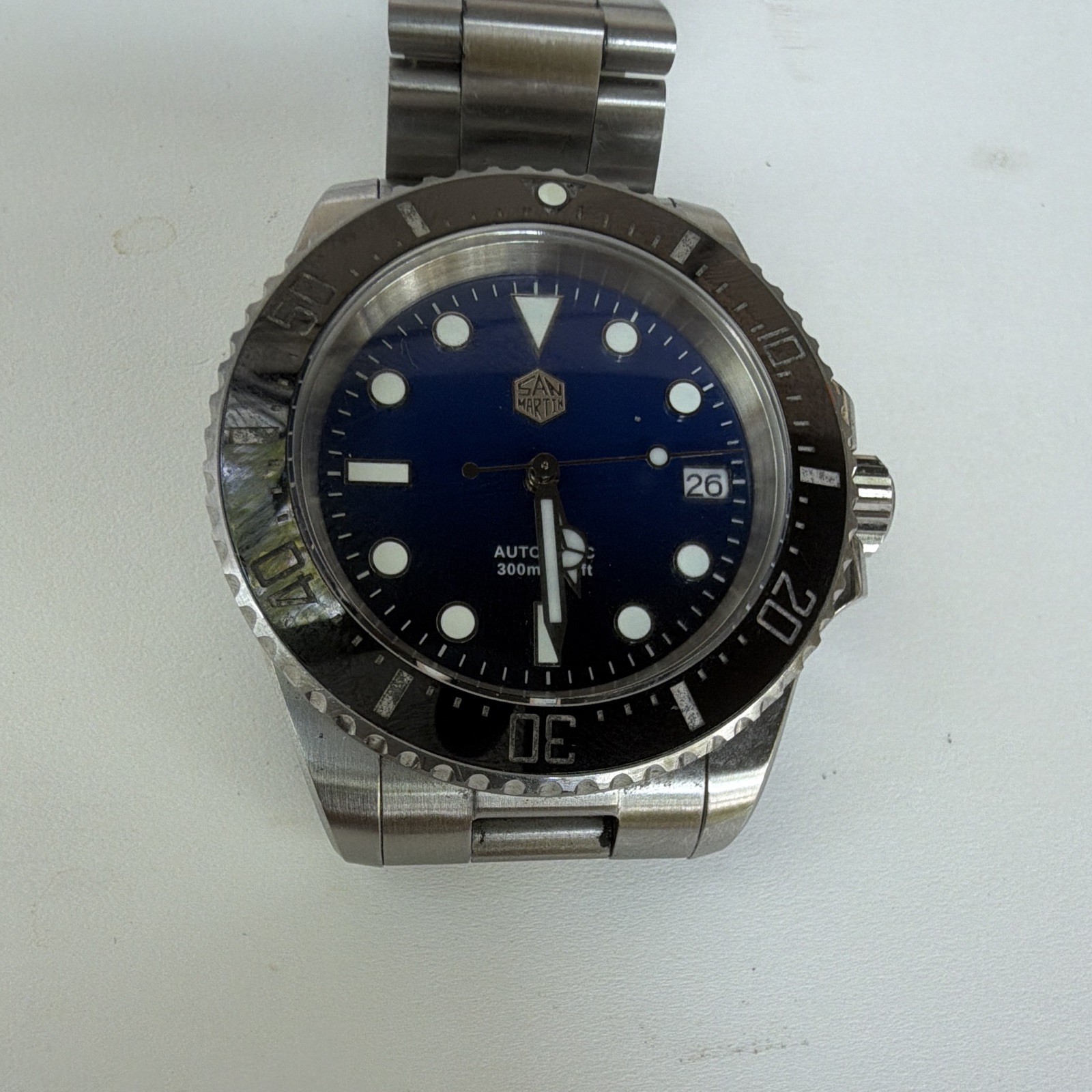 San Martin Automatic Diver 300m Blue Dial Black Bezel SS Bracelet Date