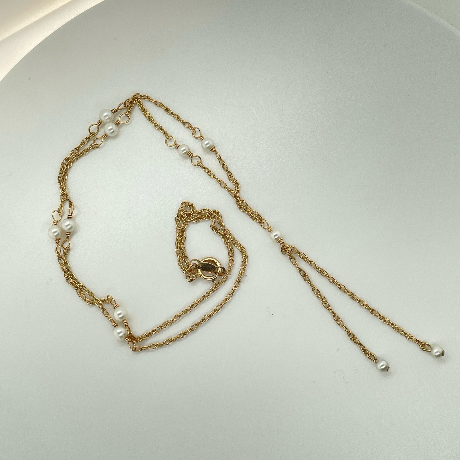 14k Yellow Gold Round Pearl Y Necklace 16 1/4” – 2 Grams
