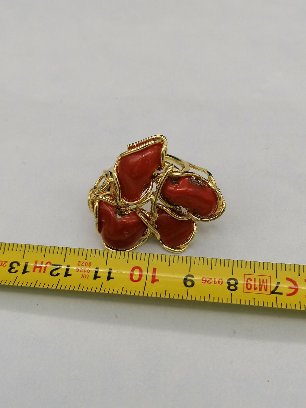 Genuine Sardinian Red Coral 925 Silver Gold Plated Adjustable Women Ring