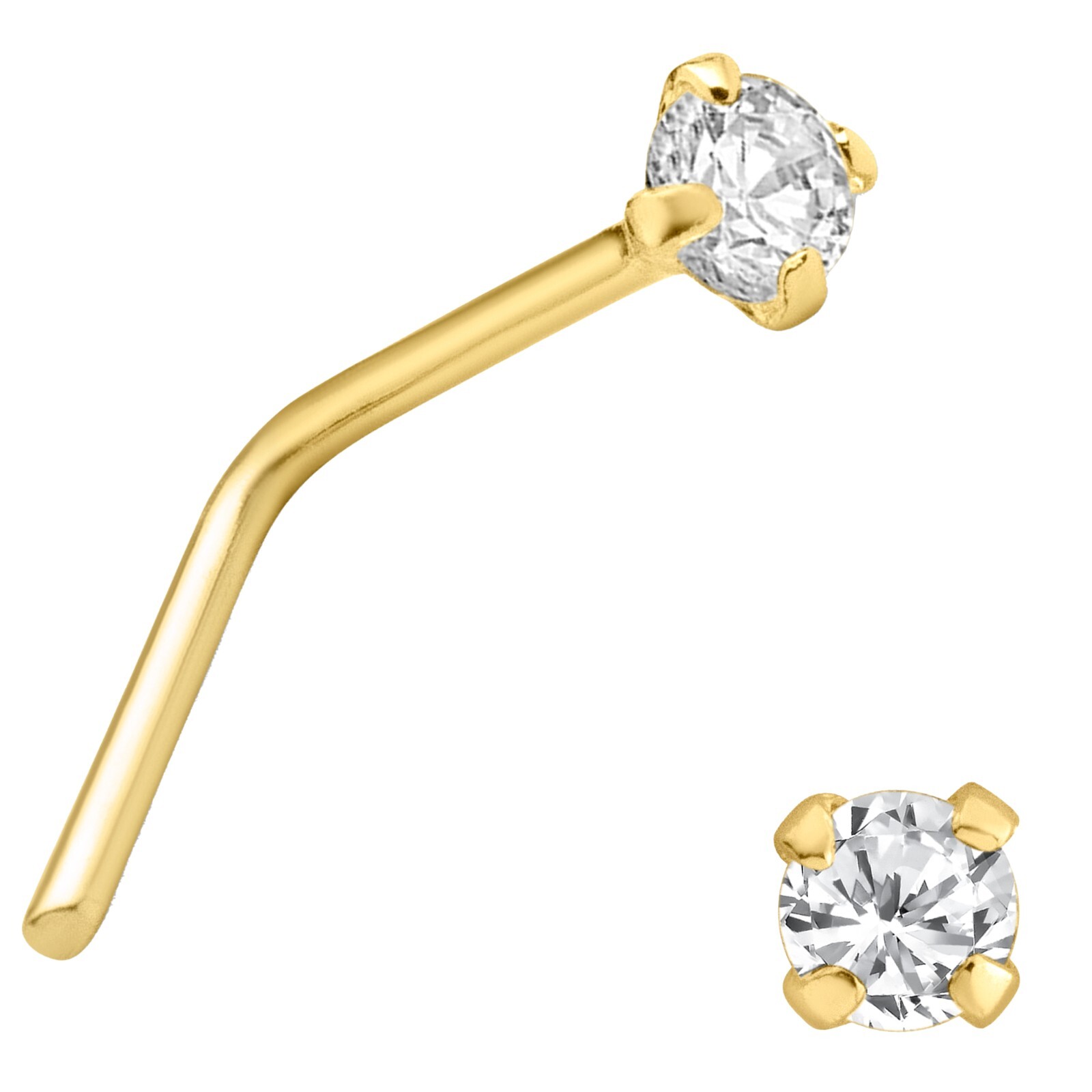 14k Solid Gold Round Lab Diamond Prong L-Shaped Nose Ring 1.5mm 2mm 2.5m 3mm 3.5