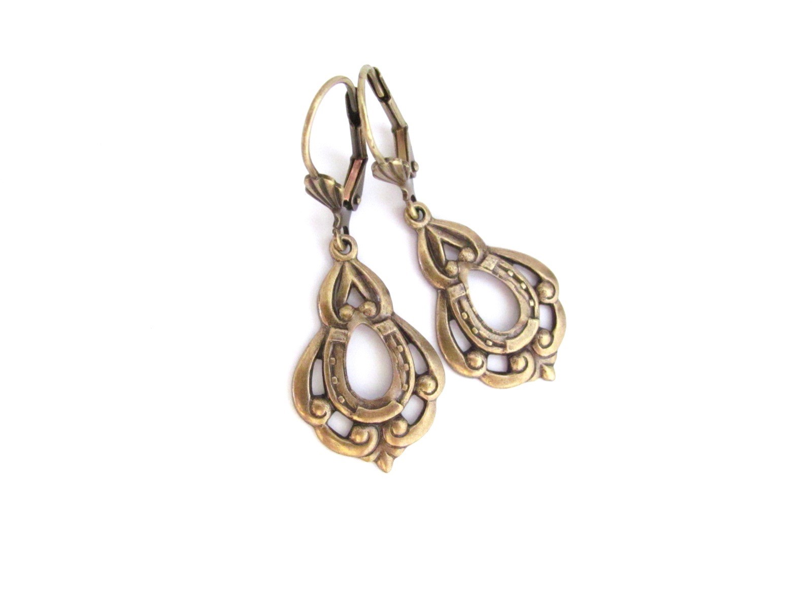 ART DECO Earrings Vintage Design Lucky Horse Shoe Antiqued Brass Gift for Her