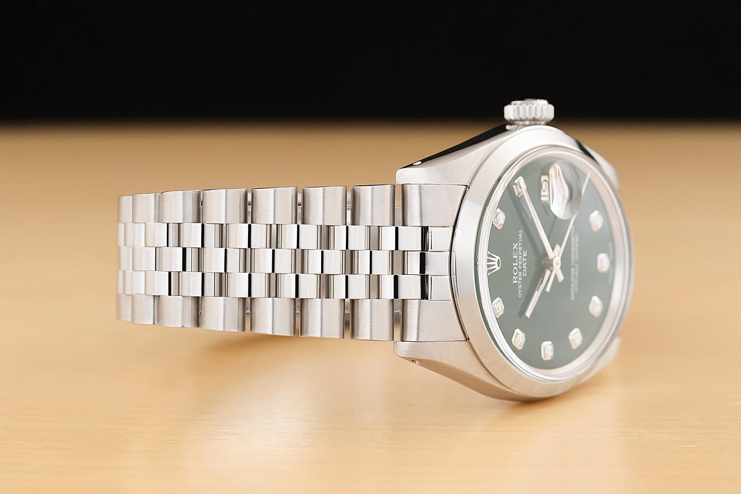 ROLEX OYSTER PERPETUAL DATE 1500 GREEN DIAMOND DIAL STAINLESS STEEL 34MM WATCH