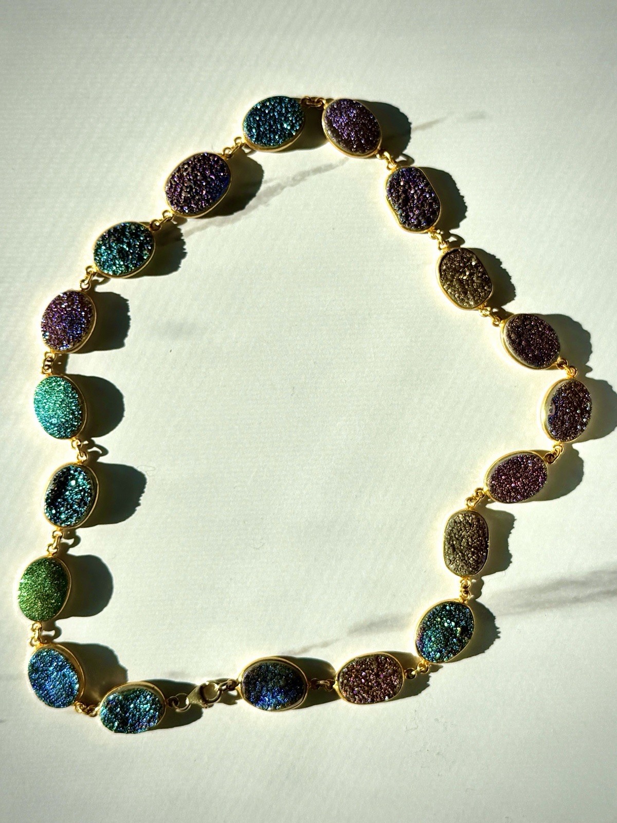 Gold Plated Sterling Silver Multi Color Druzy Link Station Necklace Rainbow New