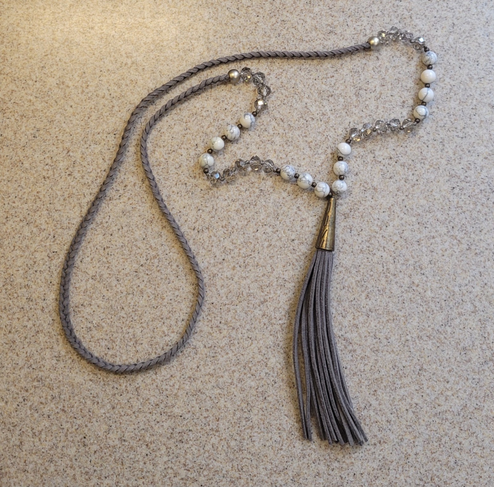 Gray Leather Tassels And Brass Pendant On Braided Beaded 32in Cord Necklace