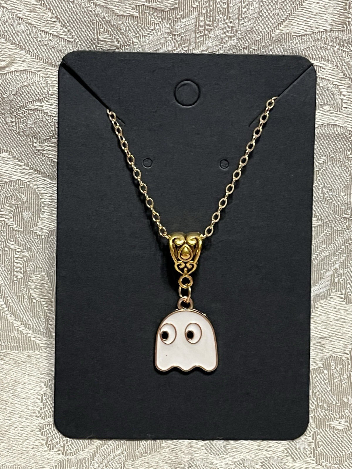 PAC Man Dinky White Ghost Gold Enamel Fashion Video Game Novelty 18” Necklace