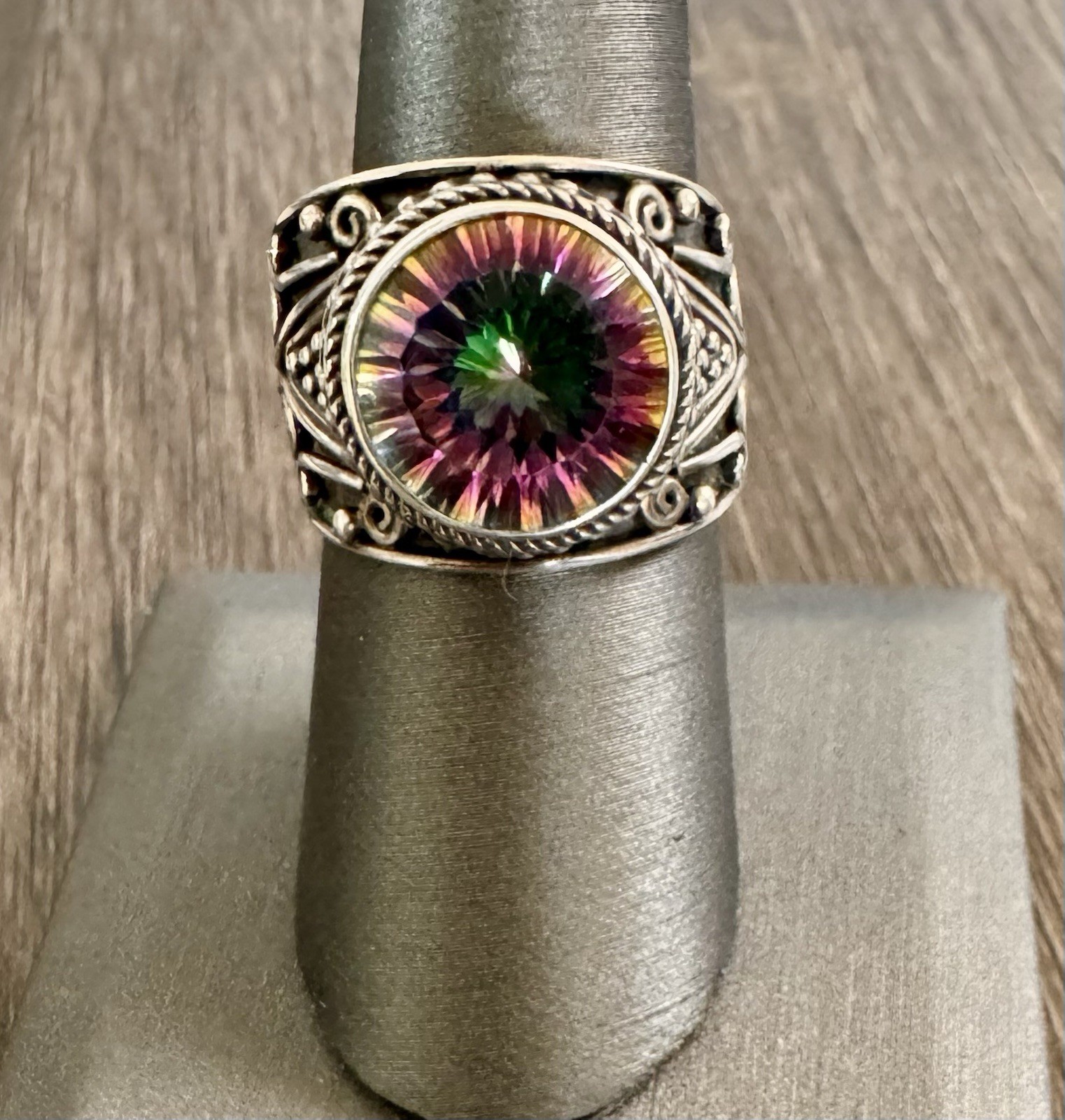 925 Sterling Silver Mystic Topaz Statement Ring Artisan Boho Scroll Size 8
