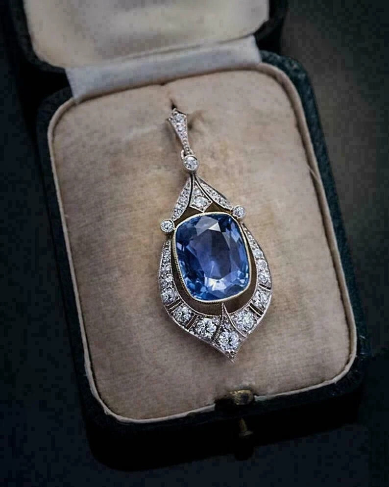 4Ct Cushion Cut Sapphire & Diamond Pendant 14K White Gold Over