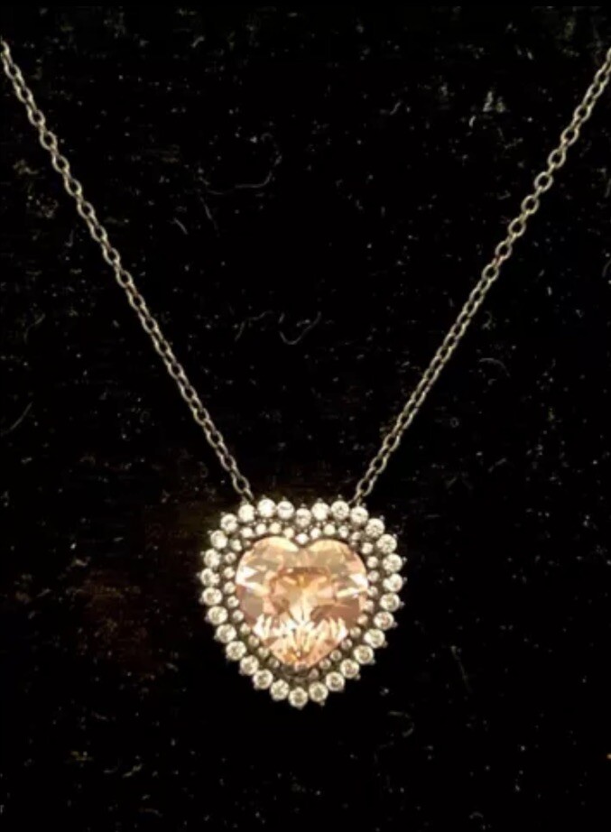 PINK HEART W/CLEAR CZ 925 BLACKENED STERLING SILVER NECKLACE 7.75-9.75”