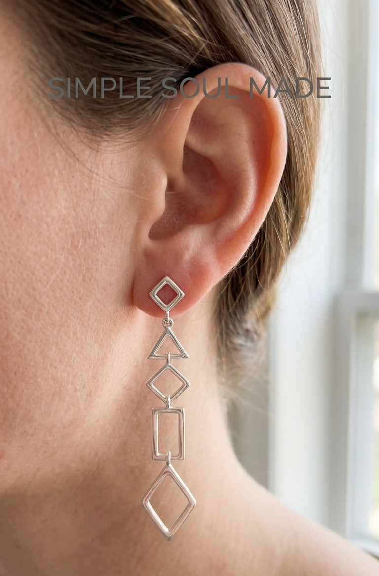 925 Sterling Silver Long Geometric Drop Earrings Statement Dangle Screw Back