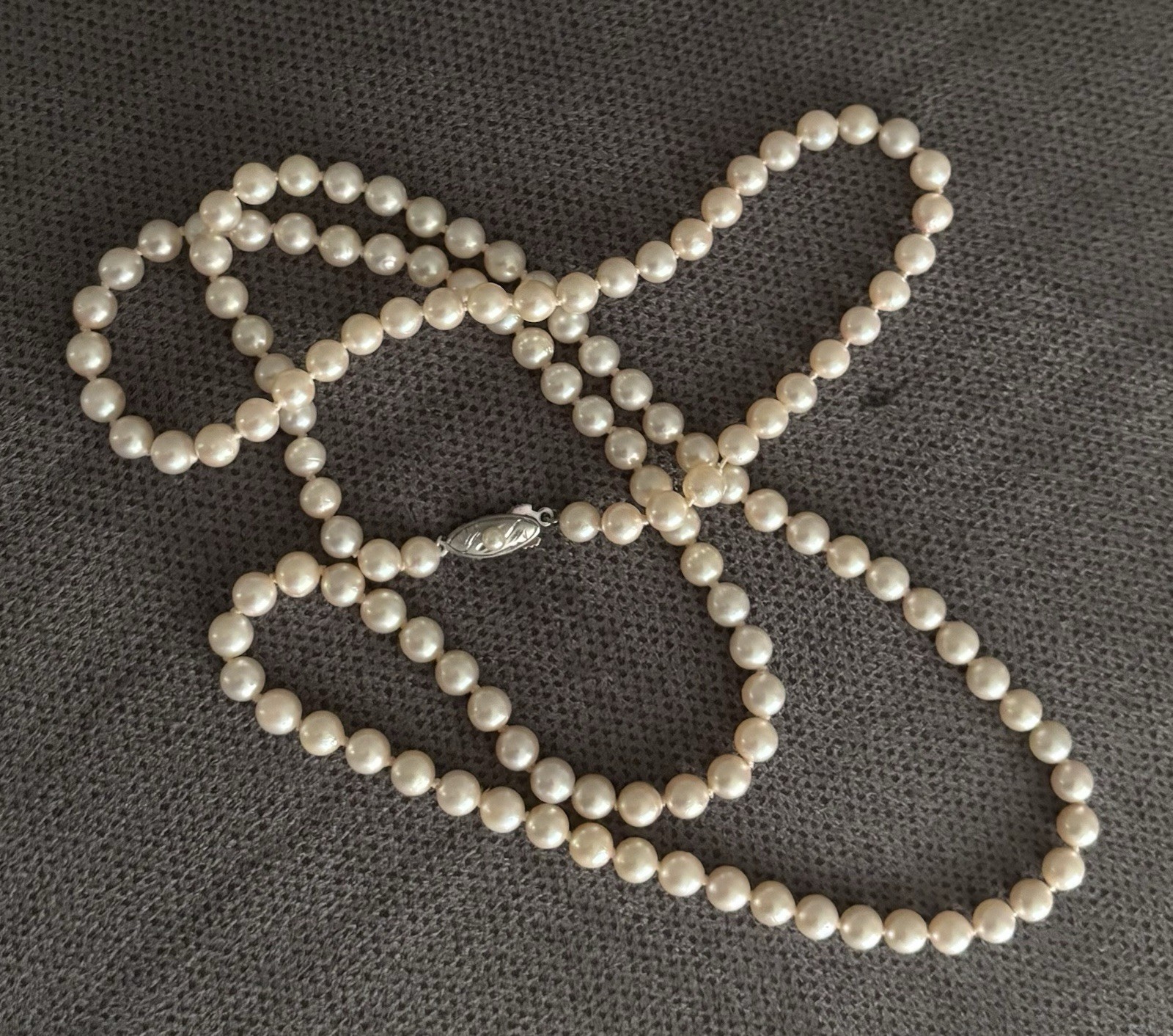 Vintage Akoya Pearl Necklace Silver Clasp 6mm 35” Opera Length Creamy Hue