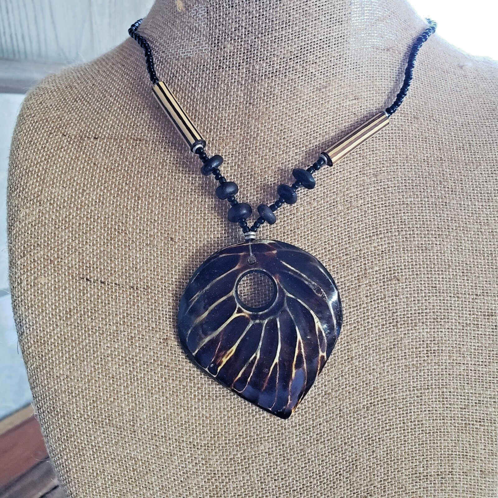 African- Handmade Bead/Horn Pendant Necklace- 18″-Black/brown- Kenya – a1