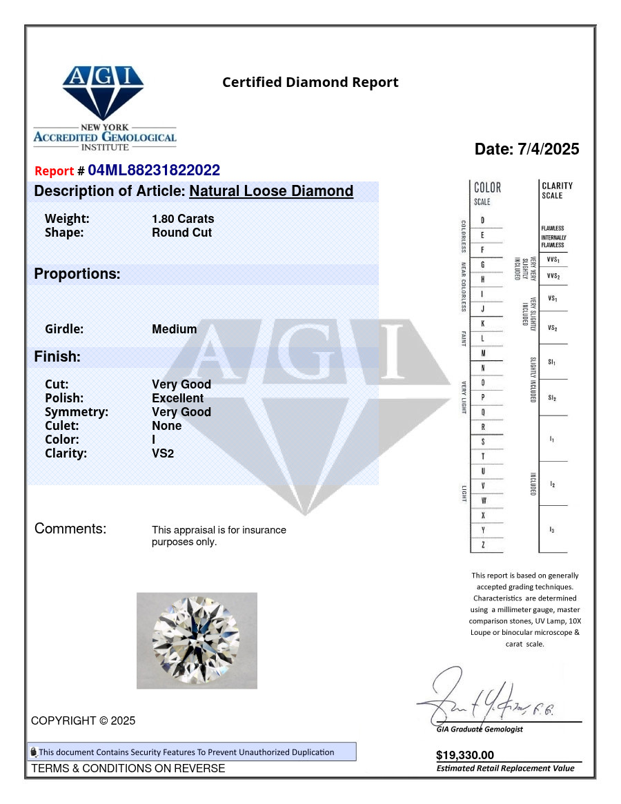 Natural Mined Diamond 1.80 Carat Cert. AGI Round Loose I color VS2 clarity