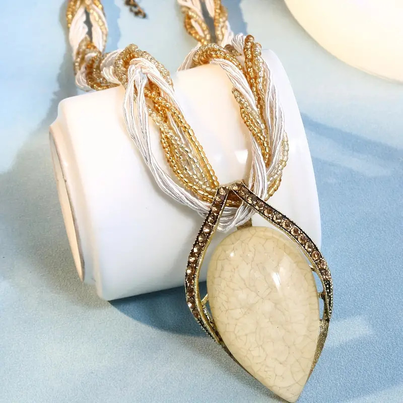 Unique Bohemian Beige Color Teardrop Pendant Necklace Handcrafted Jewelry Gift